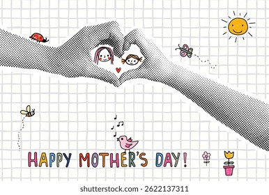 Cute Mother's Day Greeting Card with Hand Drawn Childish Drawings, Mom and Daughter Cute Faces, Half Tone Collage Background