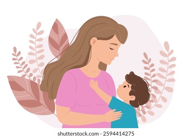 Cute Mother's Day illustration depicting caring mom and her little son reaching out to her on soft pastel botanical background. Sentimental vector illustration on joyful moments of motherhood concept.