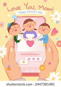 Cute Mothers Day poster. Hands holding smartphone with miniature kids and love letter on screen.