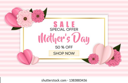 cute mother's day sale background, design with pink colored decorated with flower and heart vector. editable eps10 vector design template for promotion, banner, discount, marketing and clearance.