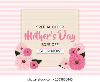 cute mother's day sale background, design with pink colored decorated with flower and heart vector. editable eps10 vector design template for promotion, banner, discount, marketing and clearance.
