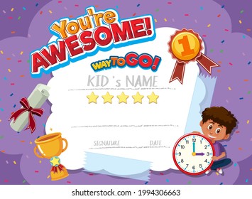 Cute motivational cartoon certificate for children illustration