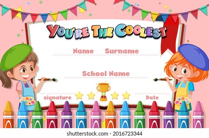 Cute motivational cartoon certificate for children illustration