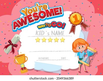 Cute motivational cartoon certificate for children illustration