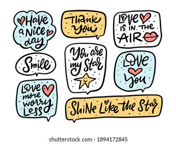 Cute motivational doodle phrases set. Handwritten calligraphy style. Quote in frames. Colorful vector illustration for t-shirt print.