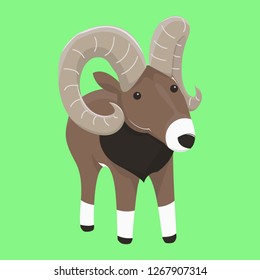 cute mouflon sheep on green background. flat design, vector illustration.