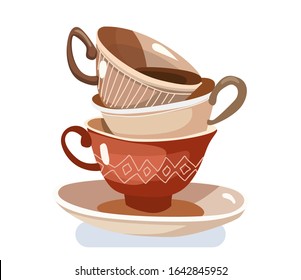 Cute mountain of dirty cups in cartoon style in vector