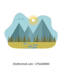 Rutsche Berglandschaft mit Sonne, Wolken am blauen Himmel, Gewürze, blühende Wiese und Fluss. Blob geformtes Bild. Flaches Beispiel.