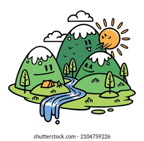 cute mountain and river view illustration