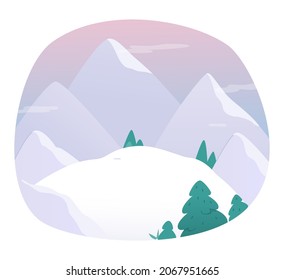 Cute mountain snowy nature landscape in winter vector illustration. Cartoon trees on hills and mountain slope and peak covered with snow, clouds in sky, simple scenery of oval shape isolated on white