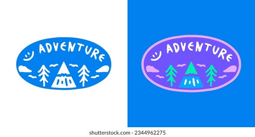 Cute mountain and tree landscape  with adventure typography, illustration for t-shirt, sticker, or apparel merchandise. With doodle, retro, groovy, and cartoon style.