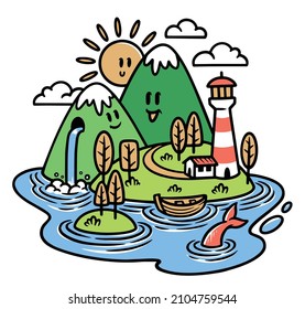 cute mountain view and lighthouse illustration