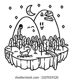 cute mountain view at night line illustration