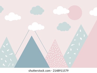 Cute mountains, clouds, moon, stars. Hand drawn vector illustration. Design for children's wallpaper in Scandinavian style.