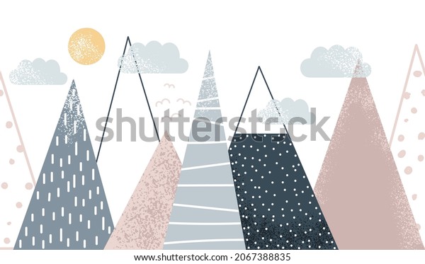 Cute mountains landscape. Kids graphic. Vector hand drawn illustration.