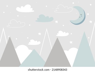 Cute mountains, moon and clouds in pastel colors. For baby wallpapers, decor, web banners, posters. Vector illustration. Children's wallpaper. Hand drawn in scandinavian style. Mountain landscape.