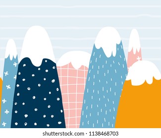 Cute mountains seamless pattern. Childish graphic. Vector hand drawn illustration.