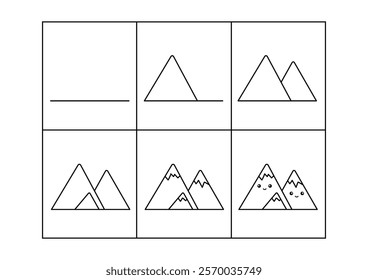 Cute mountains. Step by step drawing. Coloring page, coloring book page. Black and white vector illustration.
