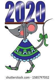 Cute mouse with 2020 new year. Colored vector for card or gift. 
