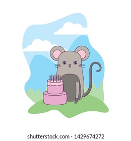 cute mouse animal with cake of birthday in landscape