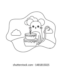 cute mouse animal with cake of birthday