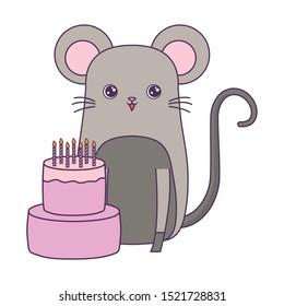 cute mouse animal with cake of birthday vector illustration design