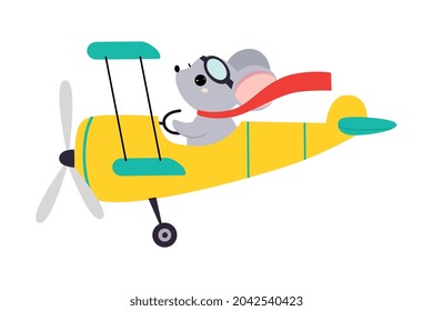 Cute Mouse Animal with Fluttering Scarf Flying on Airplane with Propeller Vector Illustration
