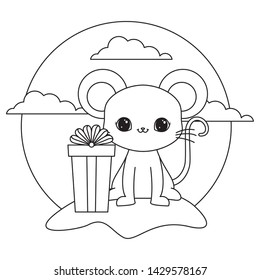 cute mouse animal with gift box in landscape