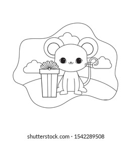 cute mouse animal with gift box vector illustration design
