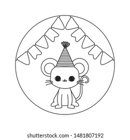 cute mouse animal with hat party and garlands hanging