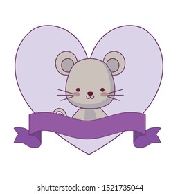 cute mouse animal with ribbon in frame vector illustration design