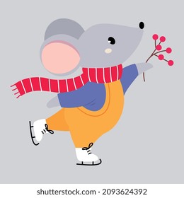 Cute Mouse Animal Wearing Scarf Ice Skating Enjoying Winter Season Vector Illustration