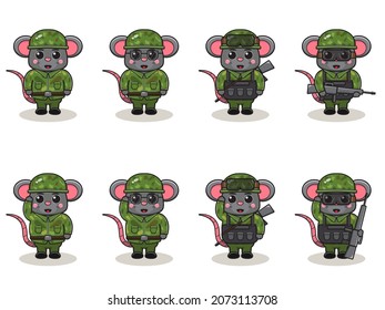 Cute Mouse Army cartoon. Set of Animal soldiers. flat animal cartoon character design. Soldiers Isolated vector illustration.