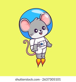 Cute Mouse Astronaut Flying With Rocket Cartoon Vector Icon Illustration. Animal Science Icon Concept Isolated Premium Vector. Flat Cartoon Style