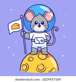 Cute Mouse Astronaut Holding Cheese Flag On Moon Cartoon Vector Icon Illustration. Animal Science Icon Concept Isolated Premium Vector. Flat Cartoon Style