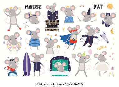 Cute mouse astronaut, pirate, superhero, princess, ballerina, unicorn, sleeping, reading. Big set, isolated on white. Hand drawn vector illustration. Scandinavian style flat design Concept kids print