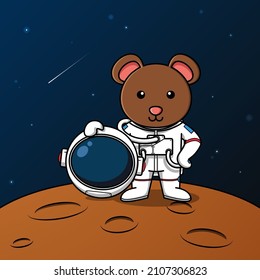 Cute mouse astronaut standing on the moon illustration