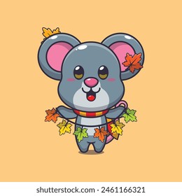 Cute mouse with autumn leaf decoration. Mascot cartoon vector illustration suitable for poster, brochure, web, mascot, sticker, logo and icon.