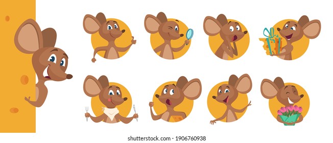 Cute mouse avatars. Peeking animal, happy hungry sad emotional cartoon rat vector character