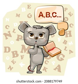 Cute Mouse baby is trying to count. Studying numbers and counting. Funny animal kid. Abstract backdrop. Mathematics illustration for children. Isolated over white background. Vector