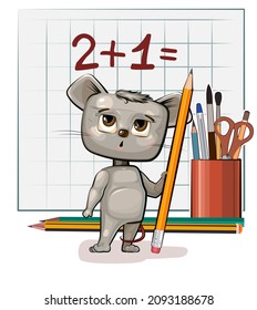Cute Mouse baby is trying to count. Studying numbers and counting. Funny animal kid. Stationery and pencil. Writes in notebook. Mathematics illustration. Isolated on white background. Vector