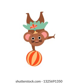 Cute Mouse Balancing on Ball Upside Down on One Hand, Funny Animal Performing in Circus Show Vector Illustration