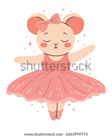 Cute mouse ballerina dancing ballet. Flat vector illustration.