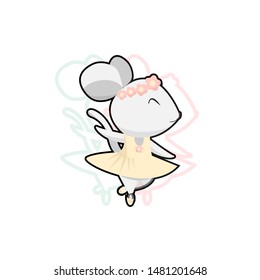 Cute mouse ballerina dancing on a white background. illustration, for Souvenirs, postcards, notebooks, magnets and other. Ready print for your design. Hand-drawn. In a cartoon style, glitch.Vector