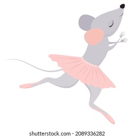 Balerina de ratón lindo en tutu rosa. Ilustración vectorial de una pequeña rata bailarina aislada en blanco.