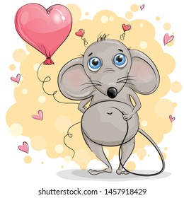 Cute mouse with a balloon stands on a yellow background