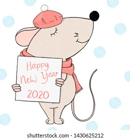 Cute mouse in a beret holds a frame for your text. Colorful vector illustration on white background. Hand-drawn. Greeting card for New year and Christmas. Template. Mock up.