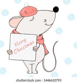 Cute mouse in a beret holds a frame for your text. Colorful vector illustration on white background. Hand-drawn. Greeting Christmas card. Template. Mock up.