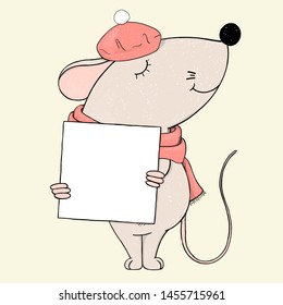 Cute mouse in a beret holds a frame for your text. Colorful vector illustration on white background. Hand-drawn. Greeting card. Template. Mock up.