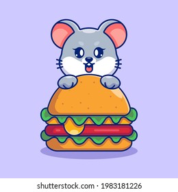 Ratón lindo con una gran caricatura de hamburguesa de queso